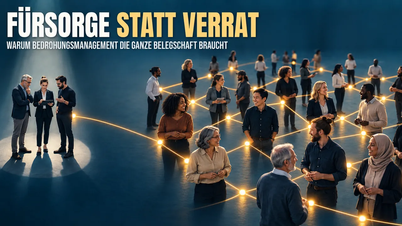 Viele Menschen stehen in Gruppen verbunden durch leuchtende Verbindungslinien; links unter einem Lichtkegel sprechen drei Personen miteinander